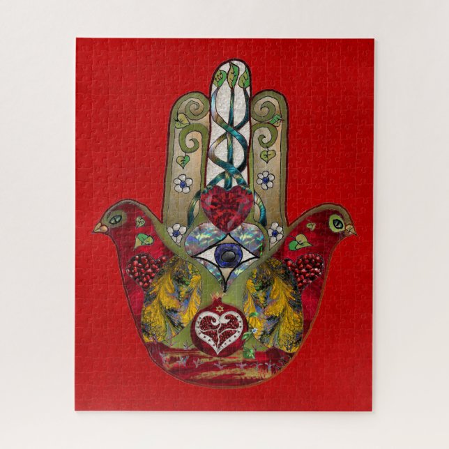 Ruby Pomegranate Heart Red Bird Hamsa Jigsaw Puzzle (Vertical)
