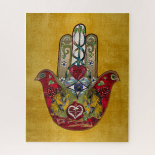Ruby Pomegranate Heart Red Bird Hamsa Jigsaw Puzzle