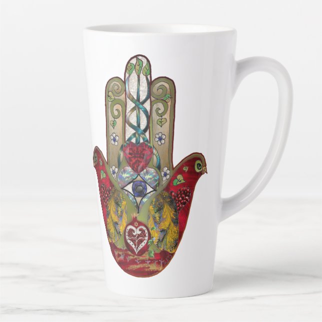 Ruby Pomegranate Heart Red Bird Hamsa Latte Mug (Right)