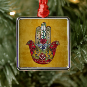 Ruby Pomegranate Heart Red Bird Hamsa Metal Ornament