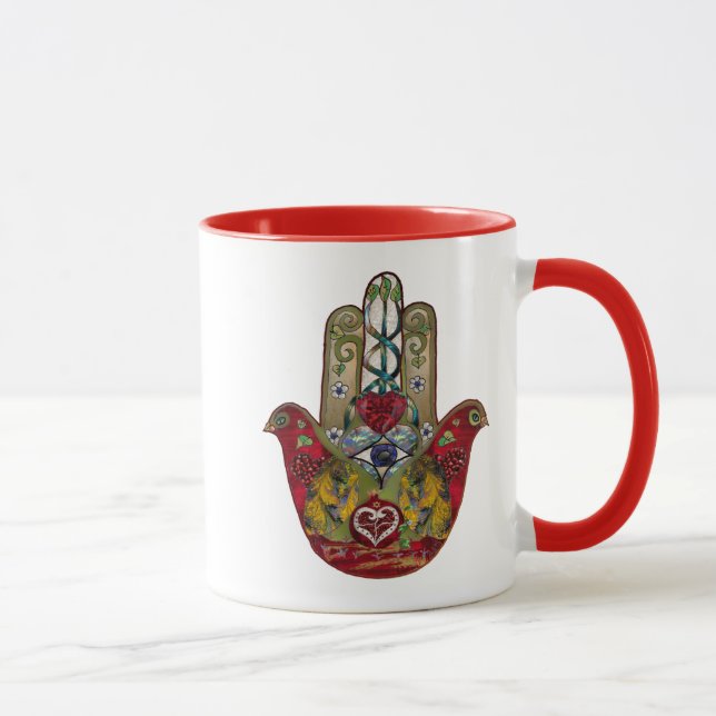 Ruby Pomegranate Heart Red Bird Hamsa Mug (Right)