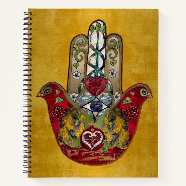 Ruby Pomegranate Heart Red Bird Hamsa Notebook (Front)