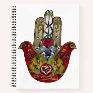 Ruby Pomegranate Heart Red Bird Hamsa Notebook