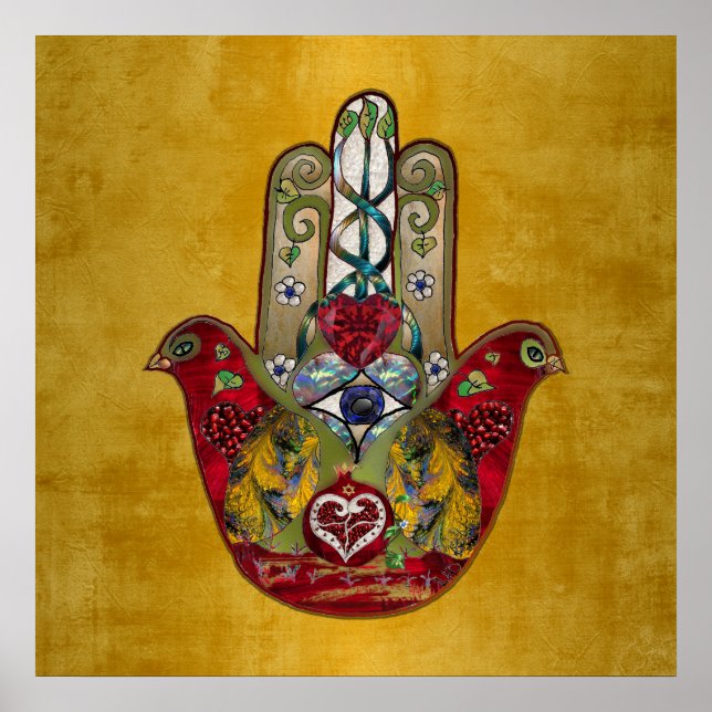 Ruby Pomegranate Heart Red Bird Hamsa Poster (Front)