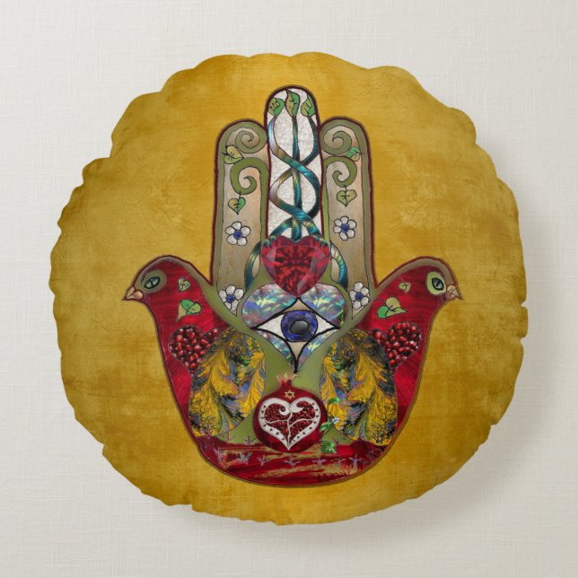 Ruby Pomegranate Heart Red Bird Hamsa Round Cushion (Front)
