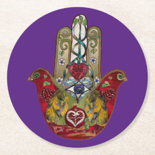 Ruby Pomegranate Heart Red Bird Hamsa Round Paper Coaster