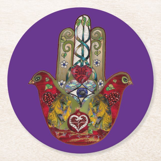 Ruby Pomegranate Heart Red Bird Hamsa Round Paper Coaster (Front)