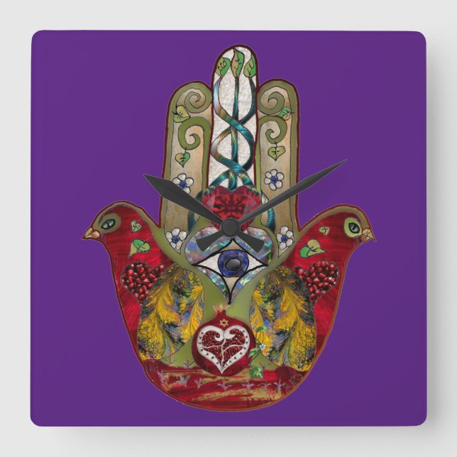 Ruby Pomegranate Heart Red Bird Hamsa Square Wall Clock (Front)