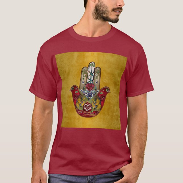 Ruby Pomegranate Heart Red Bird Hamsa T-Shirt (Front)