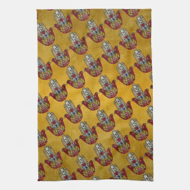 Ruby Pomegranate Heart Red Bird Hamsa Tea Towel (Vertical)