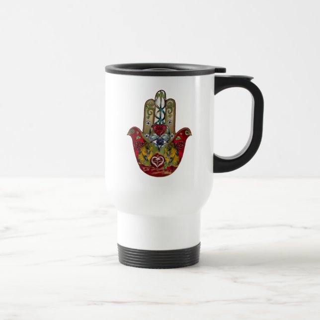 Ruby Pomegranate Heart Red Bird Hamsa Travel Mug (Right)