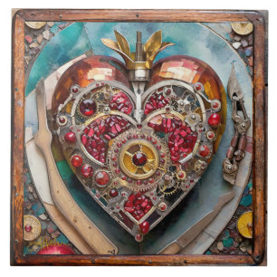 Ruby Pomegranate Heart Steampunk Series Ceramic Tile