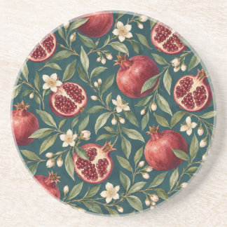 Ruby Pomegranates and Cream Blossoms on Teal Coaster