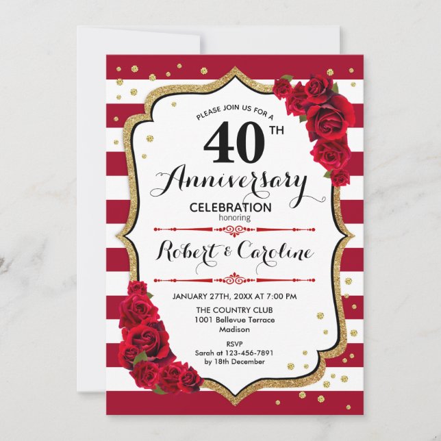 Ruby Red 40th Anniversary - Gold White Red Invitation (Front)