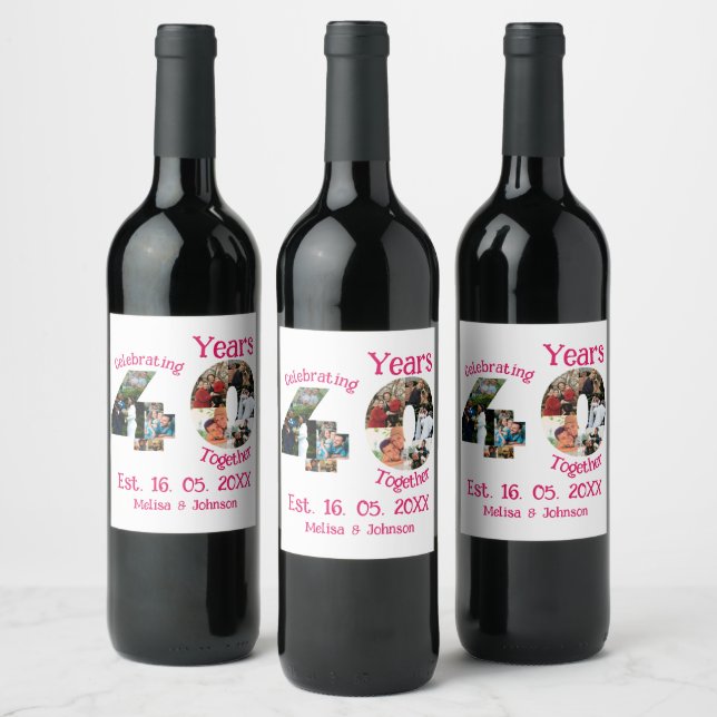 Ruby Red 40th Wedding Anniversary 11 Photo Collage Wine Label (Bottles)