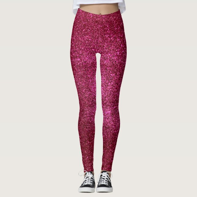 Ruby Red and Black Glitter Hot Pink Sparkles Yoga Leggings (Front)