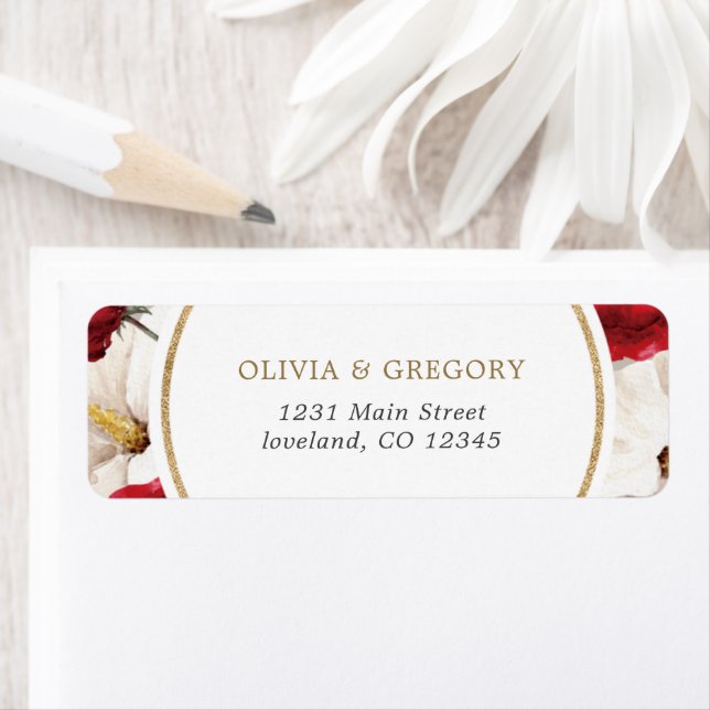 Ruby red and white floral return address labels (Insitu)