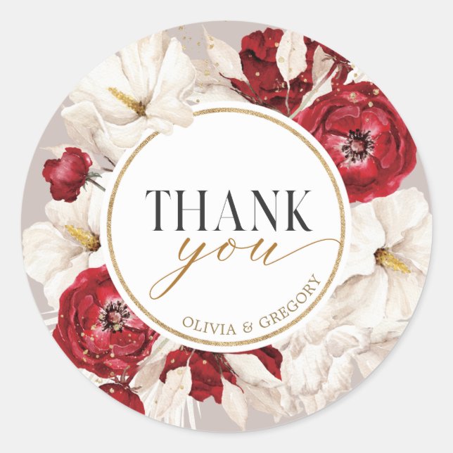 Ruby red and white floral thank you Sticker (Front)