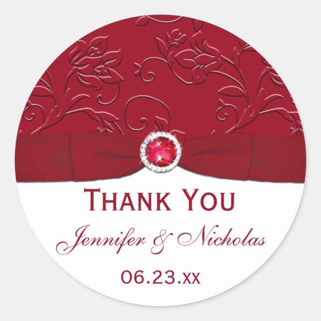 Ruby Red and White Floral Wedding Favour Sticker (Front)