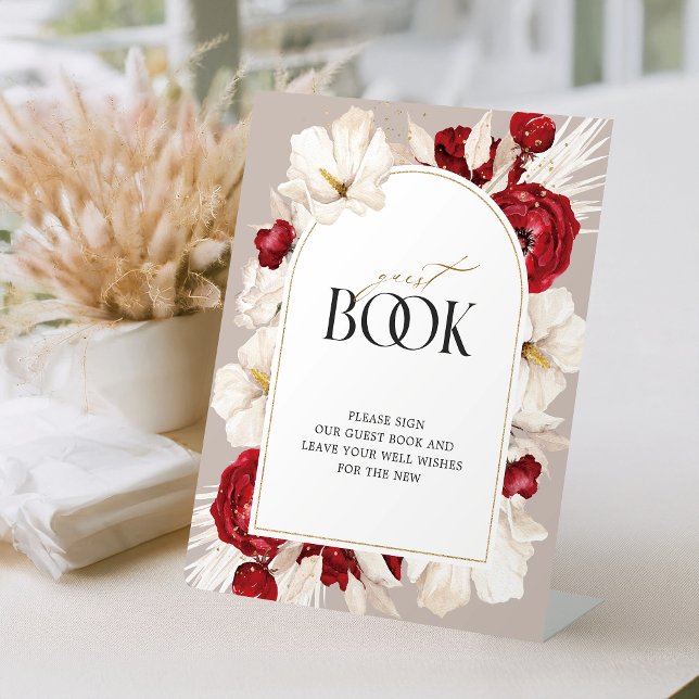 Ruby red and white floral wedding guest book pedestal sign (Creator Uploaded)