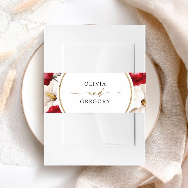 Ruby red and white floral wedding invitation belly band (Creator Uploaded)
