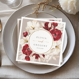 Ruby red and white floral wedding napkin