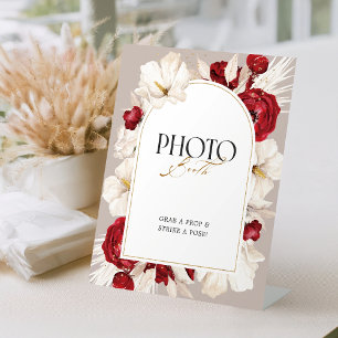 Ruby red and white floral wedding photo booth pedestal sign