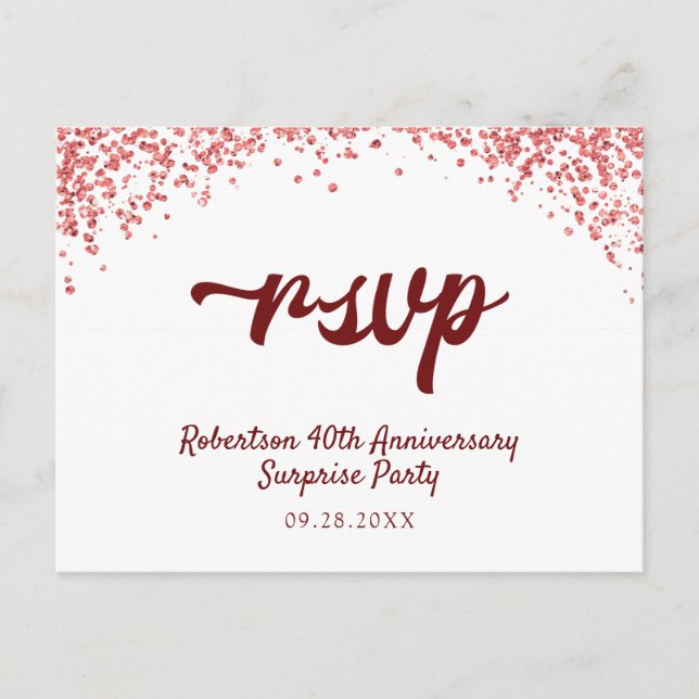 Ruby Red Anniversary Confetti RSVP Invitation Postcard (Front)