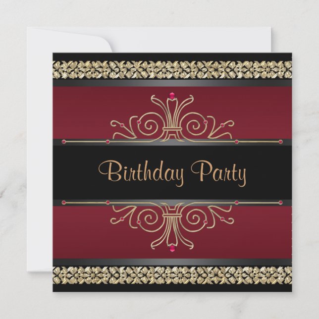 Ruby Red Black Gold Womans Birthday Party Invitation (Front)