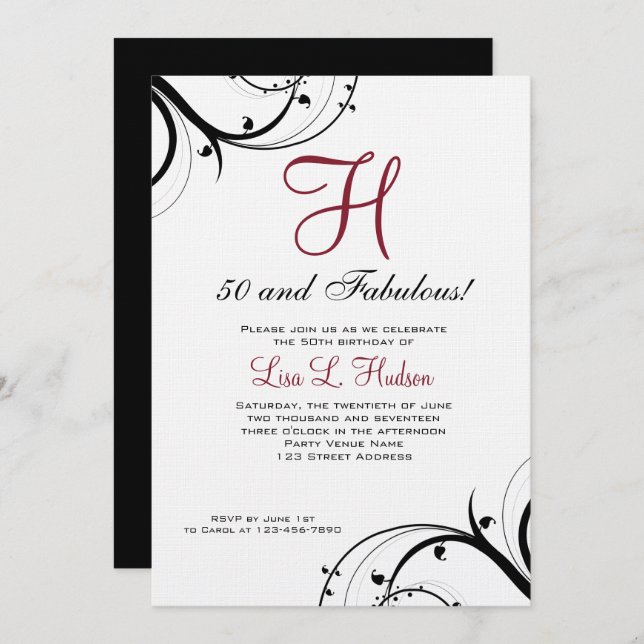 Ruby Red Black White Swirls 50th Birthday Invitation (Front/Back)