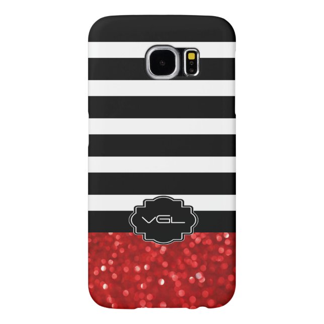 Ruby Red Bokeh Glitter With Black & White Stripes Case-Mate Samsung Galaxy Case (Back)