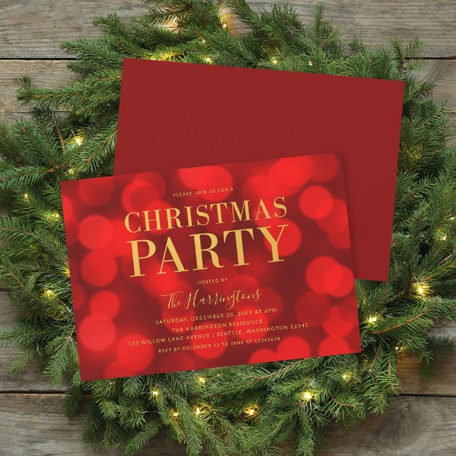 Ruby Red Bokeh Lights Faux Gold Christmas Party Invitation (Creator Uploaded)