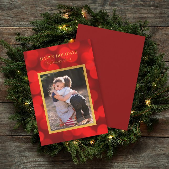 Ruby Red Bokeh Lights Faux Gold Happy Holidays Holiday Card (Creator Uploaded)
