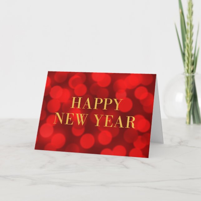 Ruby Red Bokeh Lights Gold Happy New Year Holiday Card (Front)