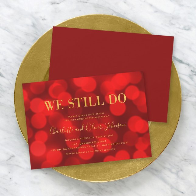 Ruby Red Bokeh Lights Gold Wedding Anniversary Invitation (Creator Uploaded)