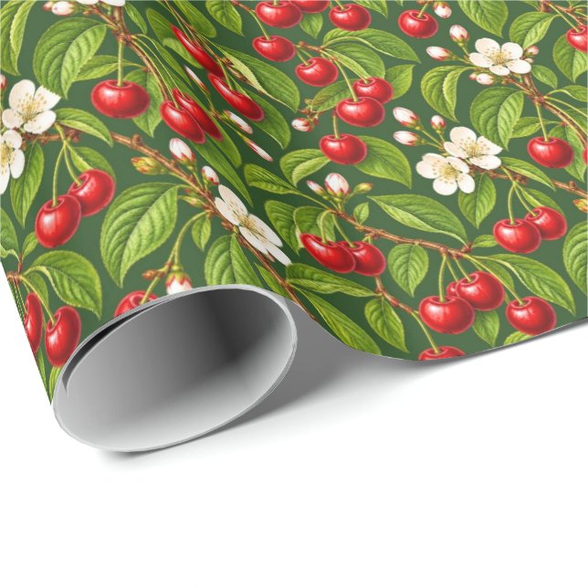 Ruby Red Cherries on Forest Green Wrapping Paper (Roll Corner)