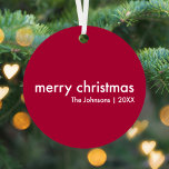 Ruby Red Christmas | Burgundy Modern Minimalist Metal Tree Decoration<br><div class="desc">Simple, stylish "merry christmas" quote christmas tree ornament with modern typography in white on a deep wine red background in a minimalist 'scandi' scandinavian design style. The decoration can be easily personalized with your own holiday greeting, family name and year to make a truly bespoke christmas holiday ornament for the...</div>