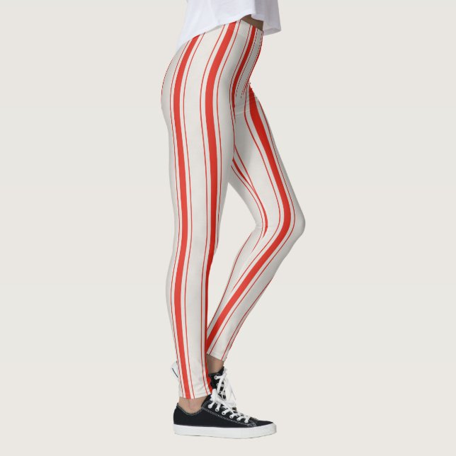 Ruby Red Cream Antique Mattress Ticking Stripe Leggings (Right)