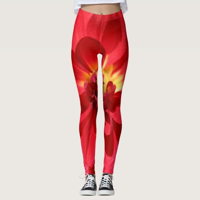 Ruby Red Dahlia Flower Leggings (Front)