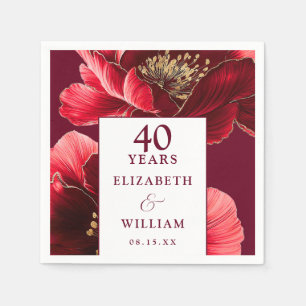 Ruby Red Elegant Floral 40th Anniversary Napkin