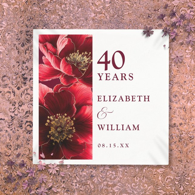 Ruby Red Elegant Modern Floral 40th Anniversary Napkin (Ruby Red Elegant Modern Floral 40th Anniversary Napkins)