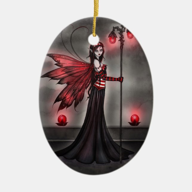 Ruby Red Fairy Fantasy Art Ceramic Tree Decoration (Front)