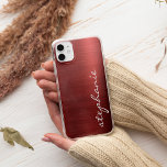 Ruby Red Faux Brushed Metal iPhone 11 Case<br><div class="desc">This trendy phone case features a ruby red faux brushed metal foil background. Personalise it with your name in white handwriting-style brush script.</div>