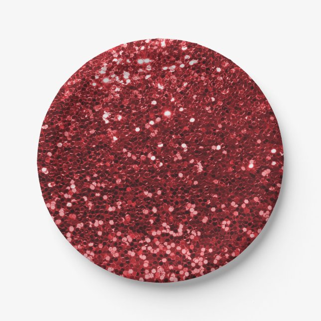 Ruby Red Faux Glitter Sparkle Print Paper Plate (Front)