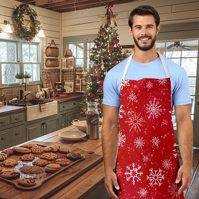Ruby Red Festive Christmas White Snowflakes  Apron (Creator Uploaded)