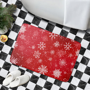 Ruby Red Festive Christmas White Snowflakes  Bath Mat
