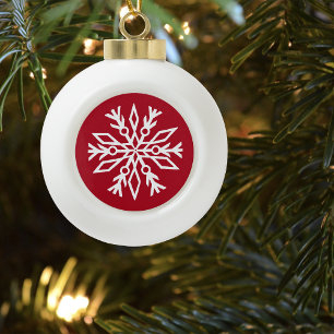 Ruby Red Festive Christmas White Snowflakes Ceramic Ball Christmas Ornament