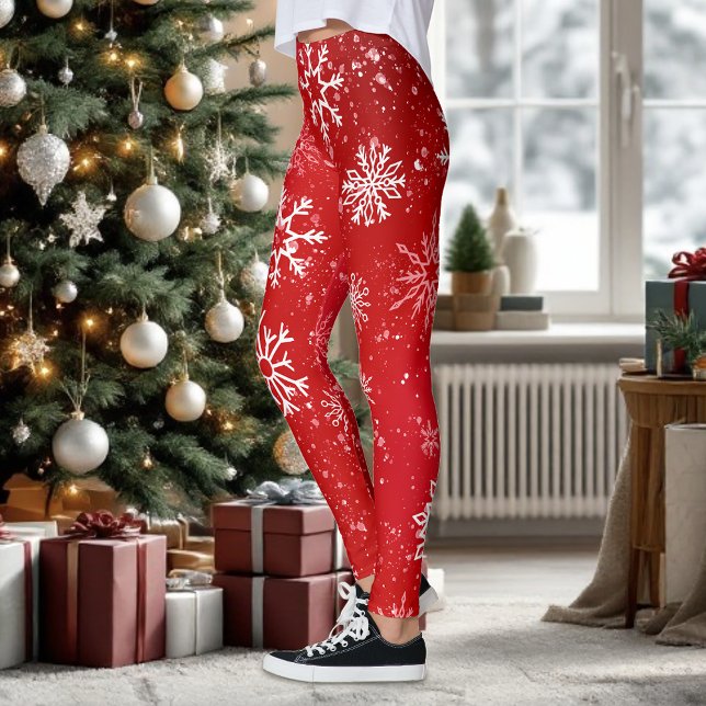 Ruby Red Festive Christmas White Snowflakes  Leggings (Creator Uploaded)