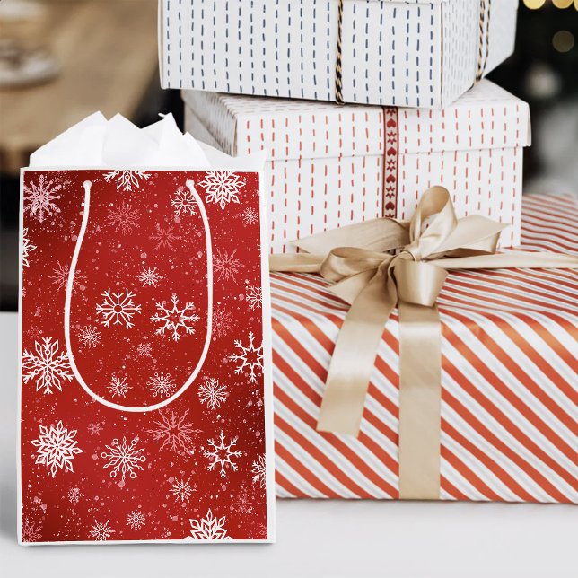 Ruby Red Festive Christmas White Snowflakes  Medium Gift Bag (Creator Uploaded)