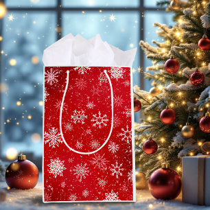 Ruby Red Festive Christmas White Snowflakes Medium Gift Bag